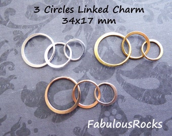 1-25 pcs / TRIPLE Linked CIRCLE Pendant Charm Link Jewelry Making Supplies Wholesale / 34x17 mm, 24k Gold Vermeil or Sterling Silver Links