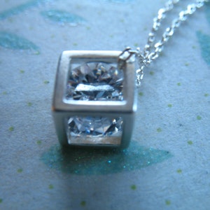 Crystal CUBE Charm Pendant, 1 pc, 7x7 mm, Sterling Silver w/ cubic zirconia crystal, bridal bridesmaids april solo gdc