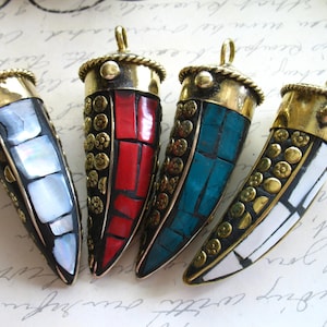 Clearance Sale..Tibetan Horn Tusk Pendant Charm, White or Turquoise MOSAIC Horn w/ Flower Dot Detail, Gold Brass Cap, 55-60x17 mm, MH21