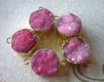 Shop Sale.. 1 5 10 pc, PINK Druzy Connector Link Pendant Charm, 16-18 mm Round, Gold Edged Drussy Druzzy, Double Bail, ap31.8 dr wf