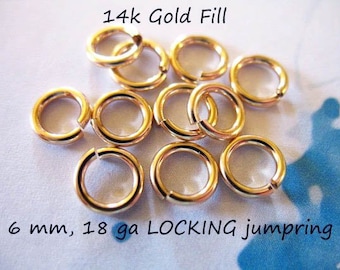 20-100 pcs Bulk  14k Gold Filled LOCKING Jump Rings Jumprings Jump Locks, Gold Fill  6 mm, 18 gauge ga g, thick strong, OPEN made USA jr6