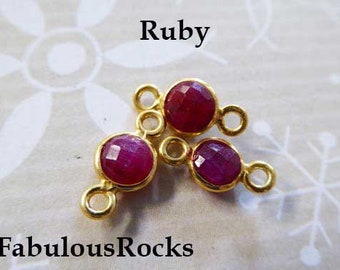 1-10 pcs, RUBY Gemstone Connectors Links Charm Pendant, Bezel Set, 24k Gold Vermeil or Sterling Silver, 12x7 mm, july birthstone gcl5 gc ll