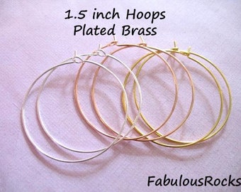 10-100 pairs / 1.5" inch HOOP Earrings Earwires Ear Wire  Silver, Gold, Rose Gold Plated Brass  medium hoops wholesale ihm bh ber ih.15