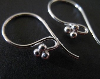 10-100 pairs Bulk, 925 Sterling Silver Earrings  Bali French Hook Ear Wires Earwires, 21x10 mm  artisan three ball detail, hp fhe.fb