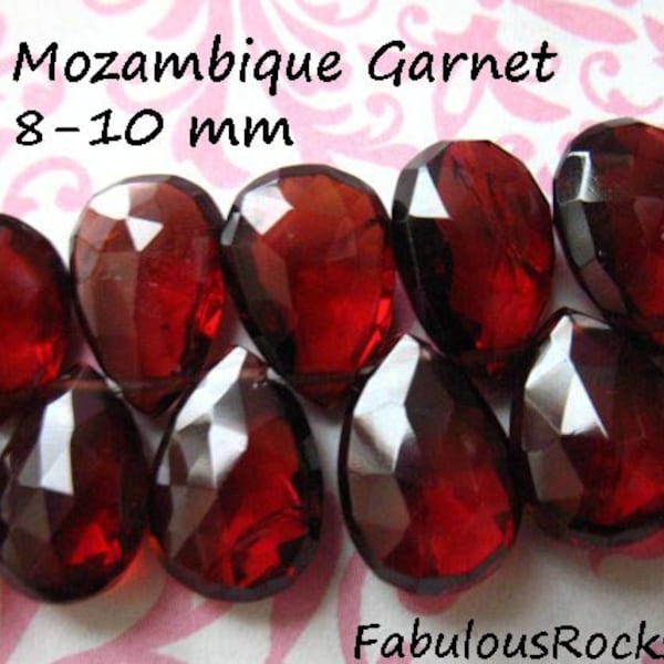 Mozambique GARNET Pear Briolettes Loose Gems Gemstone Bead, Luxe AAA, 8-10 mm, Large Focals , Burgundy Red, Faceted, January birthstone