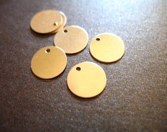 DISCS Metal Stamping Blanks, Circle Tags with Hole, Round Charm Blanks w  Ring, 3/8 Qty 12, Brass, Aluminum, Copper or Nickel Silver