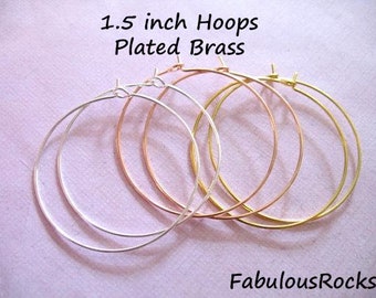 HOOP Earrings Earwires Ear Wire / 5-100 prs, 1.5 or 2" / Large Silver or Gold Brass Hoops, simple basic everyday hoops ih.15 ihm ihl