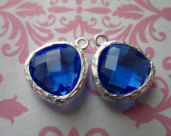 2 pcs. Glass Bezel Charm Pendant, Medium Sapphire Blue, 16x13 mm Silver or Gold Plated Brass Bezel, Wholesale Jewelry Supplies, GP1.MS ll