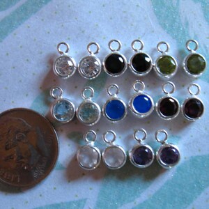 May include: Assortment of 15 silver charm pendants with various colored gemstones. The charms feature a loop at the top for attaching to a necklace or bracelet. The gemstones include clear, blue, green, purple, and black.