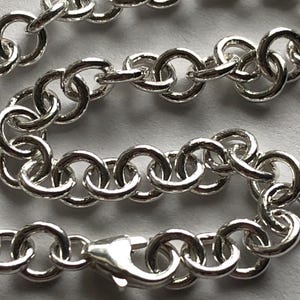 May include: A silver chain necklace with a lobster clasp closure. The chain is made of interlocking oval links.
