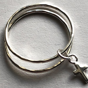 Silver Cross and Stack Rings Midi Ring Knuckle Ring, Band Rings - Sterling Silver - 1 Cross, 8.5x4.5 mm, 2 rings, christian faith charm