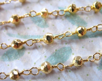 Rosary Chain, PYRITE Wire Wrapped Gemstone Beaded Chain by the Foot, Gold Plated, Wholesale Gemstone Chain rc.16 py solo