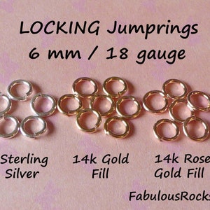 May include: Three groups of 6 mm locking jump rings in sterling silver, 14k gold fill, and 14k rose gold fill.  The jump rings are arranged in a starburst pattern.  The text "LOCKING Jumprings 6 mm / 18 gauge" is at the top of the image.  The text "Sterling Silver" is below the silver jump rings.  The text "14k Gold Fill" is below the gold jump rings.  The text "14k Rose Gold Fill" is below the rose gold jump rings.  The text "FabulousRocks" is at the bottom of the image.