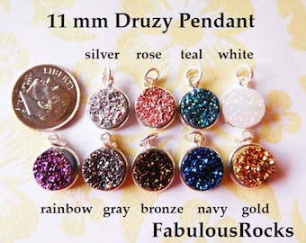 Druzy Charm Pendant, Drusy Charm Druzy Gemstone / 11 mm Round, 24 Gold Plated or Sterling Silver Bezel Set Druzy / druzzy drussy druse gcp10