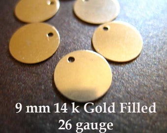1-100 pcs/ 9 mm 3/8" Round Circle Blanks Discs, 14k Gold Filled Sequins Tags, 26 gauge ga, for custom metal stamping / blank110 blank9 solo