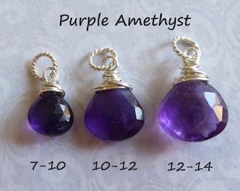May include: Three purple amethyst gemstone pendants wrapped in silver wire. The pendants are different sizes, with the smallest measuring 7-10 mm, the middle measuring 10-12 mm, and the largest measuring 12-14 mm.