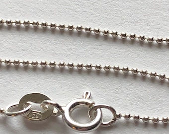Cadena de bolas de plata de ley, 1 mm, 16 o 18 pulgadas.