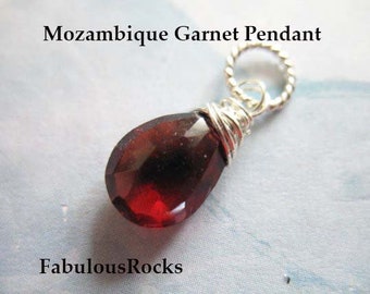 Garnet Pear Pendant Charm, Wire Wrapped Dangle, January Birthstone