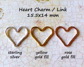 Floating HEART Pendant Charm, Hammered, 15.5x14 mm, Sterling Silver or Gold Fill Heart, artisan organic wholesale hht