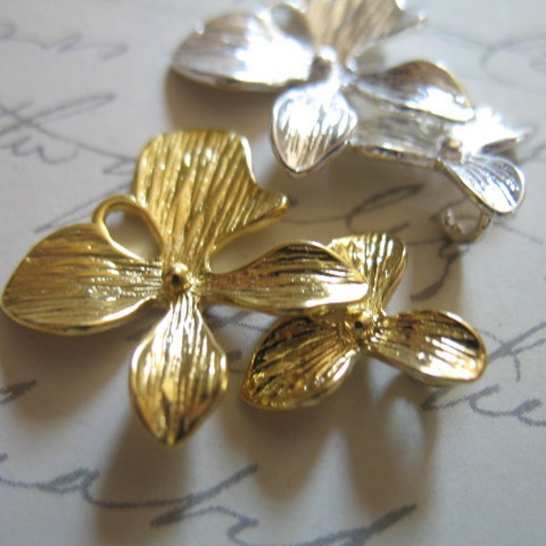 ORCHID CONNECTORS Pendants, 4 pcs (2 pairs), 23x15 mm, Gold Brass CASCADING Duet ..brides bridal.nature organic oduets dg