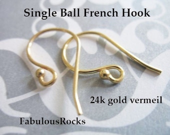 1 to 100 pairs  Wholesale Hook Earrings Earwires, Simple Basic Ear Wires 24k Gold Vermeil Earrings with Ball Detail, 22x11 mm  solo fhe.sb