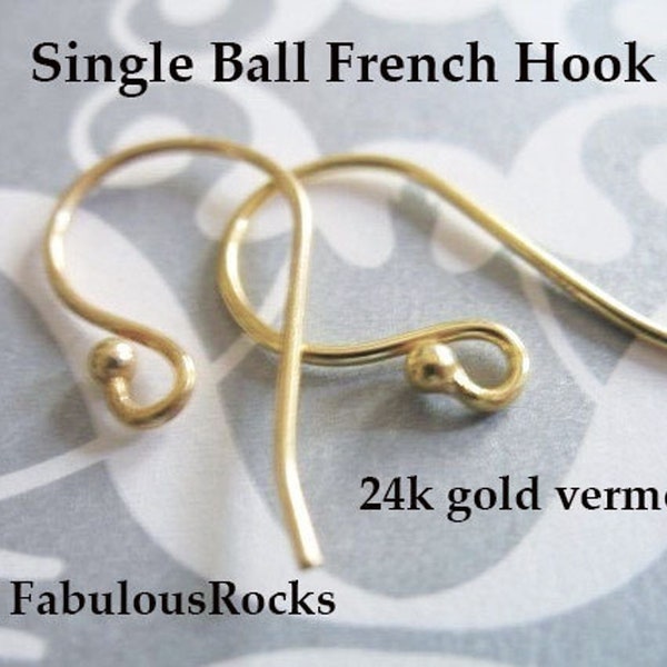 1 to 100 pairs  Wholesale Hook Earrings Earwires, Simple Basic Ear Wires 24k Gold Vermeil Earrings with Ball Detail, 22x11 mm  solo fhe.sb