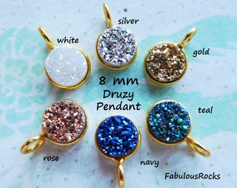 Petite Bezel Druzy Drusy Pendant Charm / 8 mm, White, Silver, Green, Blue, Rose Gold, or Gold / Sterling Silver or 24k Gold, ap31.2 dr gcp8