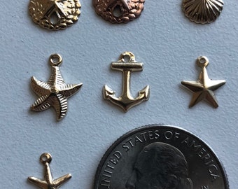 Puede incluir: Una colección de colgantes de encanto de oro y oro rosa con temas náuticos, que incluyen una concha, una estrella de mar, un ancla y un dólar de arena. Los encantos se muestran en una superficie blanca con una moneda de euro para la escala.