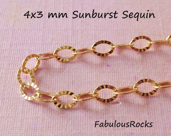 Sparkly Sequin Chain Faceted Sunburst Links, 4x3 mm Sequin Chain, 14k Gold Fill Chain Sterling Silver Wholesale Chain m69 mgf solo q