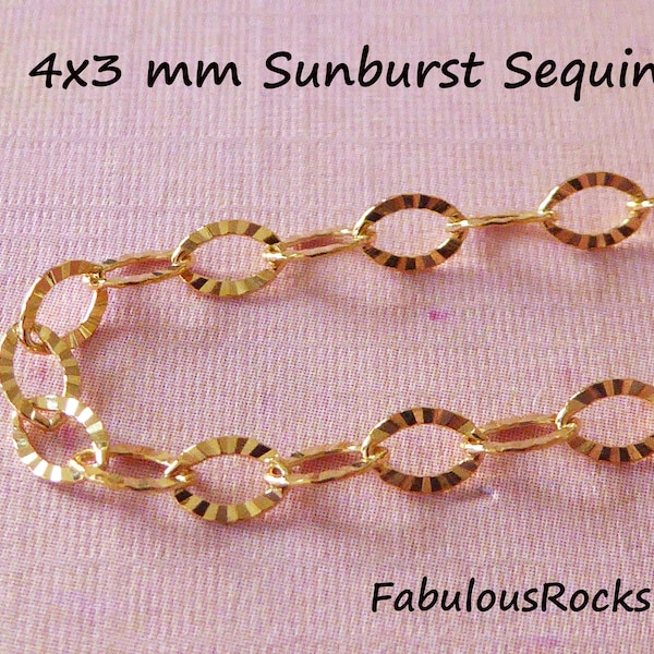 Sparkly Sequin Chain Faceted Sunburst Links, 4x3 mm Sequin Chain, 14k Gold Fill Chain Sterling Silver Wholesale Chain m69 mgf solo q