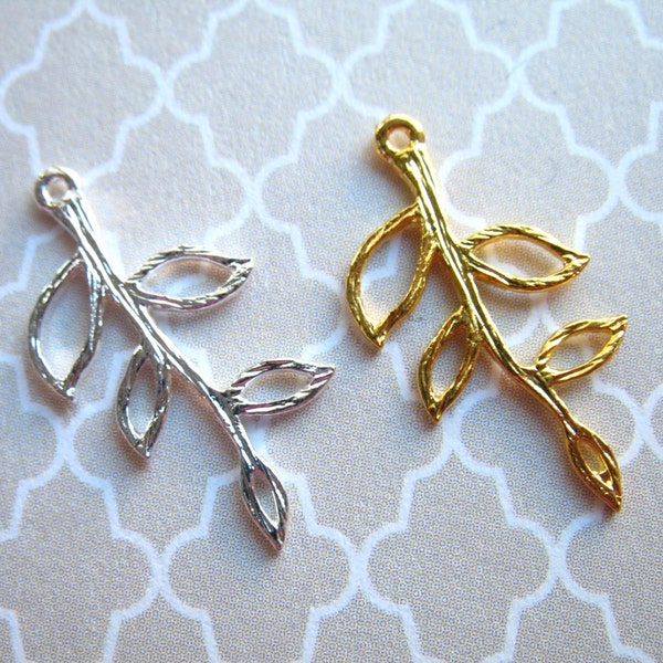 5-50 pcs, Leafy Branch Pendant Charm Link Connector, 5 Leaf Branch, 22x12.5 mm, SMALL, Silver or Gold Brass, nature 5lp