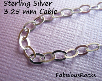 Silver Cable Chain, Sterling Silver Chian by the foot, 3.25 mm Flat Cable / Medium Heavy Necklace Bracelet Extender Chain L18
