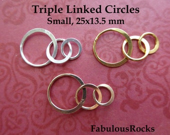 5-25 pcs / Triple Three 3 Circle Links Charm Pendant / Linked CIRCLE of Life, Sterling Silver or 24k Gold Vermeil, SMALL petite 25x13.5 mm