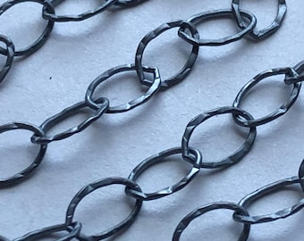 Oxidized Sterling Silver Chain By The Foot, Hammered Oval Link (8x5.5 mm)