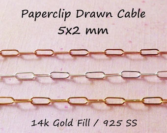 Drawn Cable Necklace Chain Wholesale, Rectangle Links, 5x2 mm Paperclip Chain, sterling silver, gold, or rose gold filled, sgf s98 q solo