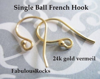 1 to 25 pairs  24k Gold Vermeil French Hook Earrings Ear Wires EarWires  22x11 mm Single Ball Earrings Findings Wholesale Ear Hooks fhe.sb