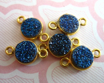 DRUZY Connector Link Charm Pendant, NAVY Druzy Gemstone / 1-10 pc, 8 mm / 24k Gold Vermeil or Sterling Silver Bezel / wholesale ll gcl.d2 gc