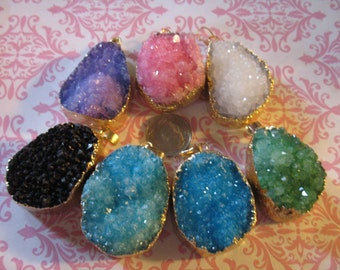 Clearance Sale..Druzy Pendant Charm, Gold or Silver Electroplated Edge, 23-40 mm, pick. Pink, White, Blue, Green, Purple, Black ap31.2 dd