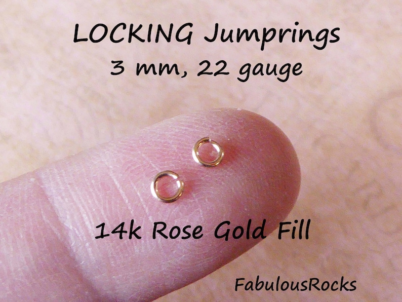 May include: Two 3 mm, 22 gauge locking jump rings in 14k rose gold fill.  The jump rings are shown on a finger.