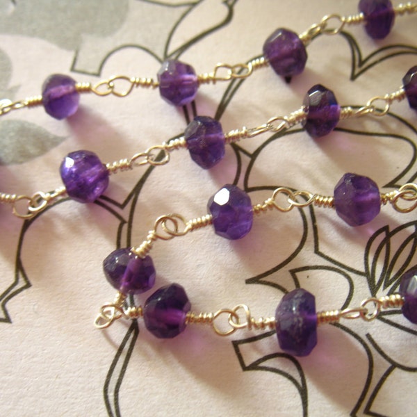 AMETHYST Rosary Chain, Wire Wrapped Chain by the Foot, 1-20 Feet, Beaded Chain, Silver or Gold Plated, Wholesale Gemstone Chain rc.3 solo