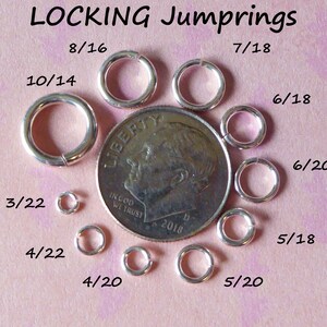 May include: A close-up of a variety of silver locking jump rings, ranging in size from 3/22 to 8/16 inches. The jump rings are arranged around a US dime for size comparison.
