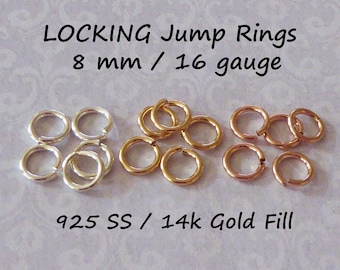 Anillos de salto con bloqueo de 8 mm: calibre 16, plata esterlina o chapado en oro de 14 k