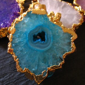 Clearance.. 1 5 10 pc, Aqua BLUE SOLAR QUARTZ Pendant Charm, 25-40 mm, Gold Electroplated Edge, blue stalactite slice slab ap ap41.10