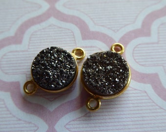 Druzy Bezel Connector LINK Pendant, 11 mm, black gray, 24k Gold Plated or Sterling Silver, GCL.D9  gc ll