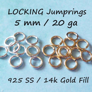 LOCKING JUMPRINGS Jump Rings Jumplocks Jump Locks  5 mm, 20 gauge ga g, OPEN, Sterling Silver 14k Gold Fill Jumprings