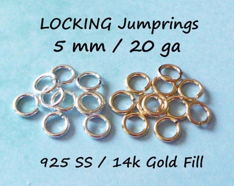 LOCKING JUMPRINGS Jump Rings Jumplocks Jump Locks  5 mm, 20 gauge ga g, OPEN, Sterling Silver 14k Gold Fill Jumprings