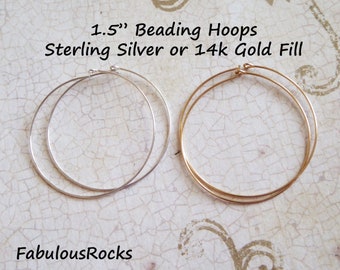 1-50 pairs, Gold or Silver Earring Beading Hoops  14k Gold Filled or Sterling Silver Hoop Ear Wire 1.5" inch, 35 mm Beading Hoops  gfh35 V1