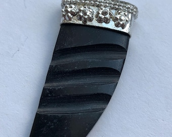 Black Horn Tusk Pendant: Tibetan Boho Style, Silver Brass Cap (50x17 mm)