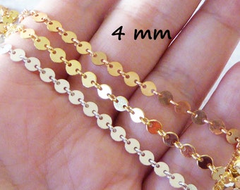 1-25 feet, Sequin Chain, 4 mm Silver Sequin Disc Chain, Wholesale Sterling Silver or Gold Fill Round Circle Sequin Chain  mmss mgf ll L88 hp