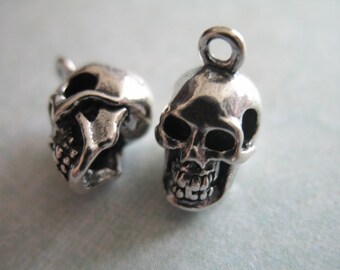 Sterling Silver Skull Pendant Charm, 1 pc, 14x9 mm, 3 D 3 Dimensional, Heavy, Solid, steampunk goth artisan